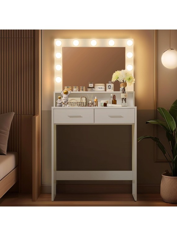 Vanity Desk with Mirror and Lights, Dressing Table with Large Drawer, 2 Level Storage Dresser & 3 Lighting Modes Adjustable Brightness, Suitable for Bedroom