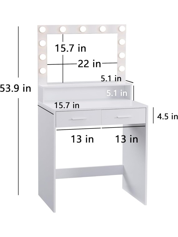 Vanity Desk with Mirror and Lights, Dressing Table with Large Drawer, 2 Level Storage Dresser & 3 Lighting Modes Adjustable Brightness, Suitable for Bedroom