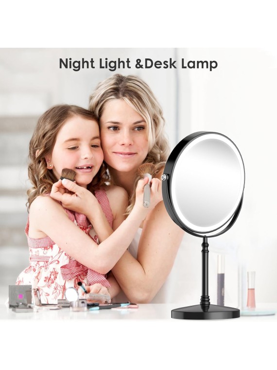 Lighted Makeup Mirror, 8" Rechargeable Double Sided Magnifying Mirror with 3 Colors, 1x/10x 360° Rotation Touch Screen Vanity Mirror with Lights, Brightness Adjustable Magnification Light up Mirror