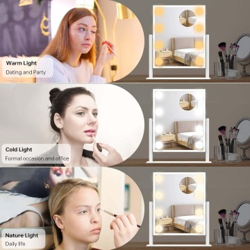 Hollywood Vanity Mirror with Lights for Desk, 8 Dimmable Bulbs, 3 Color Light, Touch Control, Lighted Makeup Mirrors with Lighting for Dorm White