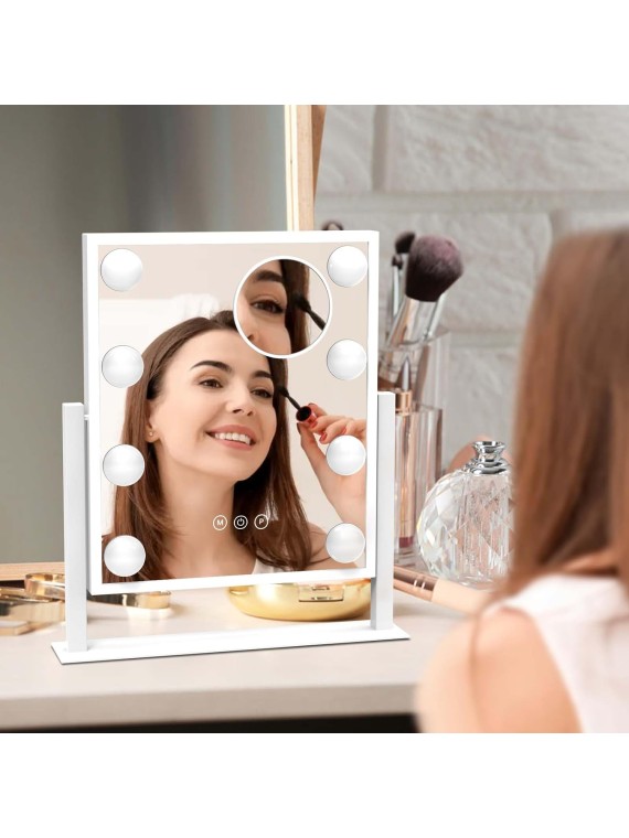 Hollywood Vanity Mirror with Lights for Desk, 8 Dimmable Bulbs, 3 Color Light, Touch Control, Lighted Makeup Mirrors with Lighting for Dorm White