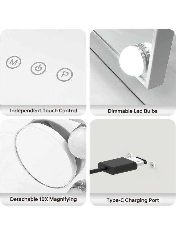Hollywood Vanity Mirror with Lights for Desk, 8 Dimmable Bulbs, 3 Color Light, Touch Control, Lighted Makeup Mirrors with Lighting for Dorm White