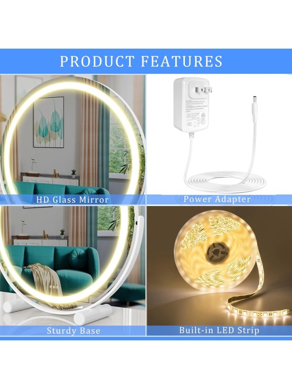 Vanity Mirror with Lights, 18" x 18"Lighted Makeup Mirror Oval Mirror,LED Makeup Mirror with 3 Color Modes Table Mirror,Light Up Mirror with Touch Control,360 Adjustable