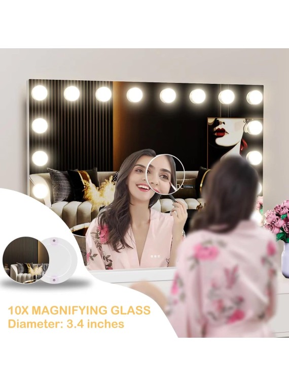 Vanity Mirror with Lights, 22.8WX18.2L Tabletop Hollyhood Makeup Mirror with USB & Type-C Charing, Hollywood Lighted Mirror with 15 Dimmable LED Bulbs,Touch Control,Metal Frame,Silver