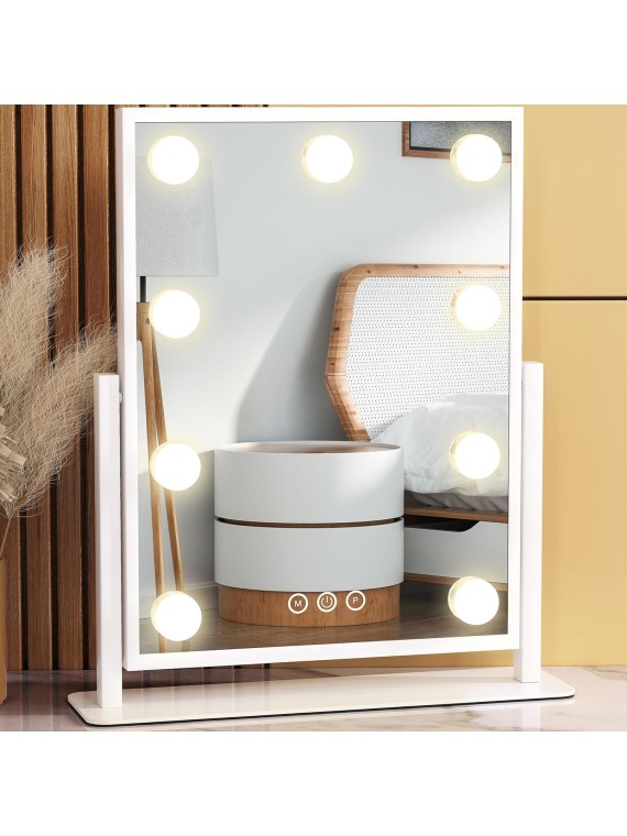 Vanity Mirror with Lights, Lighted Makeup Mirror Hollywood makeup Mirror with 9 Dimmable Bulbs and 3 Color Lighting Modes, Smart Touch Control, 360°Rotation