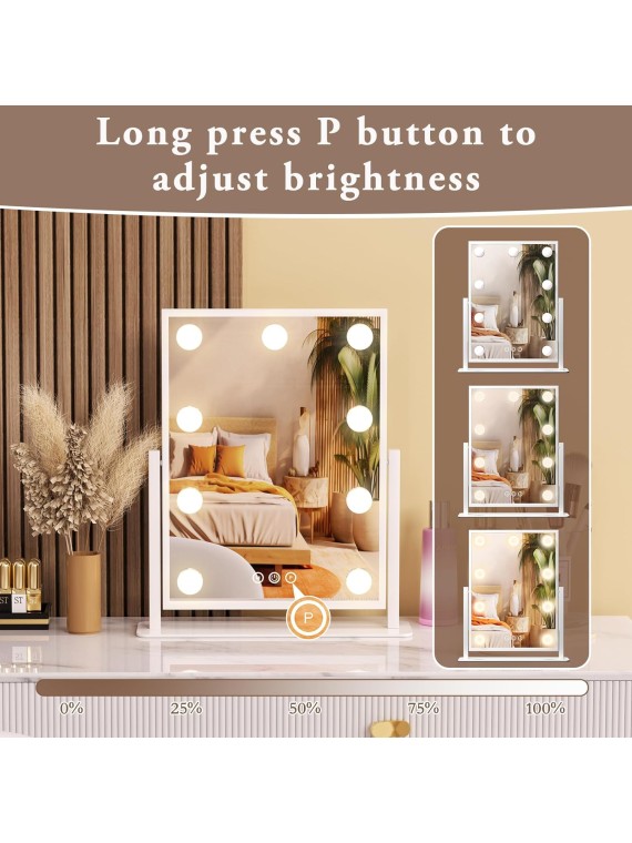 Vanity Mirror with Lights, Lighted Makeup Mirror Hollywood makeup Mirror with 9 Dimmable Bulbs and 3 Color Lighting Modes, Smart Touch Control, 360°Rotation