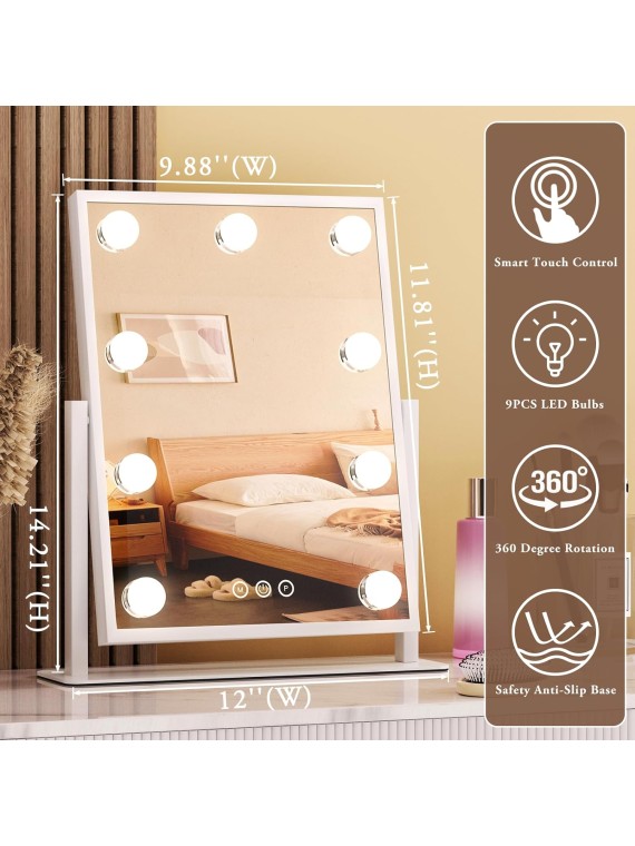 Vanity Mirror with Lights, Lighted Makeup Mirror Hollywood makeup Mirror with 9 Dimmable Bulbs and 3 Color Lighting Modes, Smart Touch Control, 360°Rotation