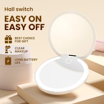 Makeup Mirror with 3 Colors Led Lighted, Compact Mirror with Touch Dimming, 1X/3X Magnifying Mirror, USB Rechargeable, Portable for Pocket, Folding, Travel, Handheld, Gift (White)