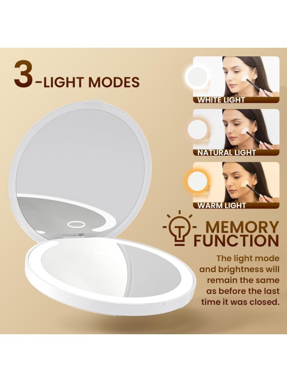 Makeup Mirror with 3 Colors Led Lighted, Compact Mirror with Touch Dimming, 1X/3X Magnifying Mirror, USB Rechargeable, Portable for Pocket, Folding, Travel, Handheld, Gift (White)