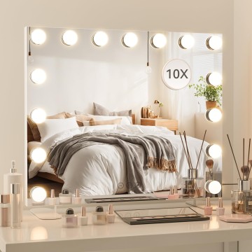 23.6" x 21.3" Large Vanity Mirror with Lights with 15 Dimmable LED Bulbs, 3 Light Colors, Smart Touch Control, Wall Mounted, USB Charging Port