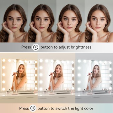 23.6" x 21.3" Large Vanity Mirror with Lights with 15 Dimmable LED Bulbs, 3 Light Colors, Smart Touch Control, Wall Mounted, USB Charging Port