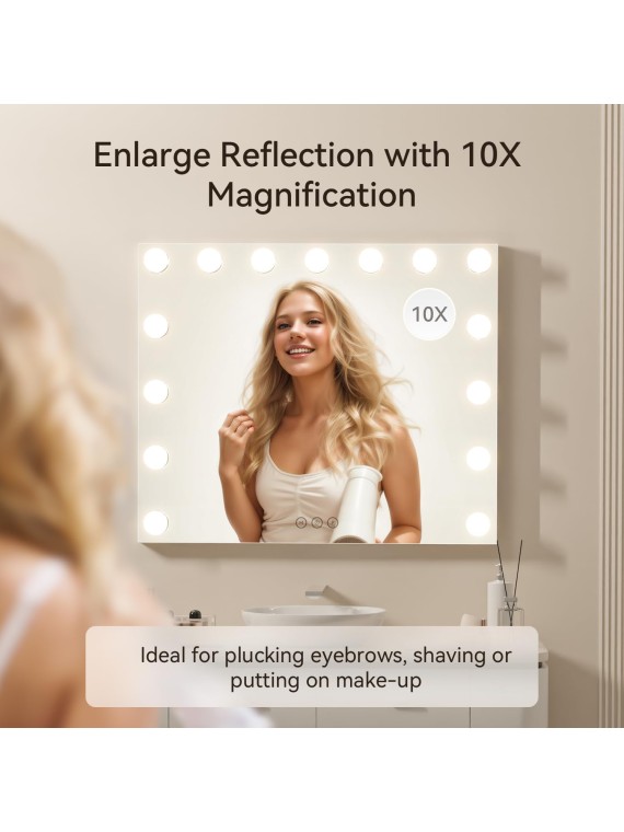 23.6" x 21.3" Large Vanity Mirror with Lights with 15 Dimmable LED Bulbs, 3 Light Colors, Smart Touch Control, Wall Mounted, USB Charging Port