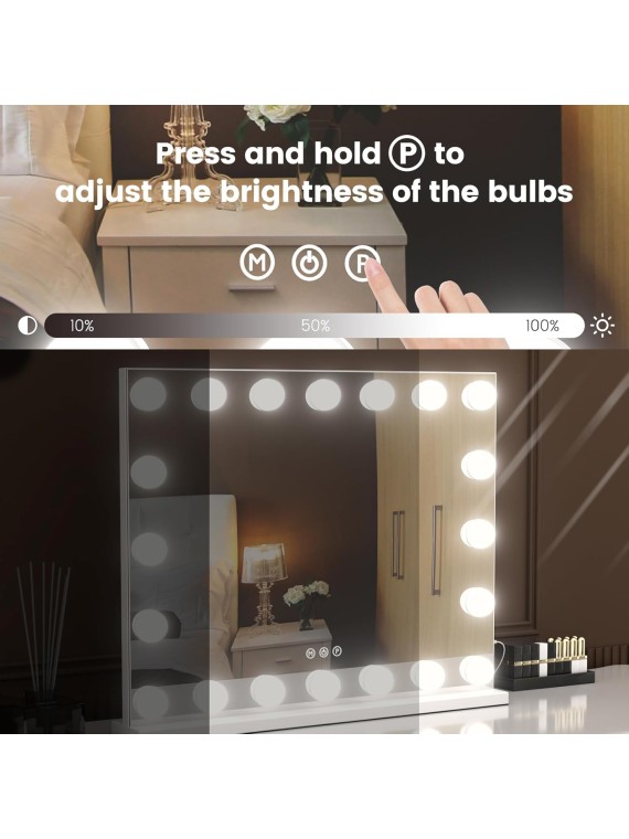 Vanity Mirror with Lights, 22.8"x 18.2" Large Hollywood Vanity Mirror with 10X Magnification & 20 Dimmable 3 Colors Modes LED Bulbs, Type-C Charging Port, Metal Frame, White.