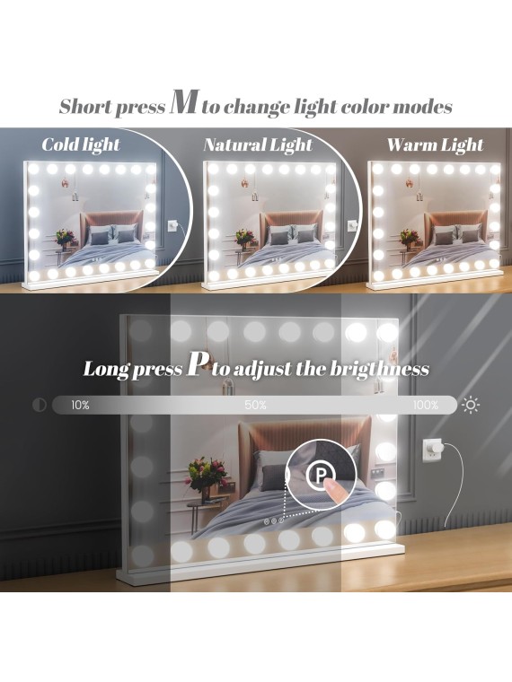 Vanity Mirror with Lights, 32"x 24" Large Hollywood Vanity Mirror with Detachable 10X Magnification & 24 Dimmable 3 Colors Modes LED Bulbs, Tabletop or Wall Mounted,White