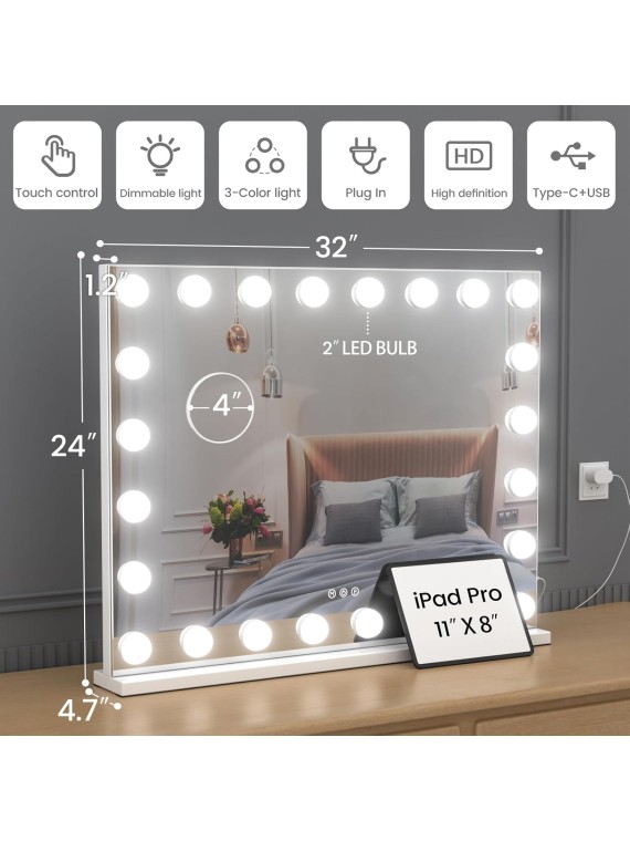 Vanity Mirror with Lights, 32"x 24" Large Hollywood Vanity Mirror with Detachable 10X Magnification & 24 Dimmable 3 Colors Modes LED Bulbs, Tabletop or Wall Mounted,White