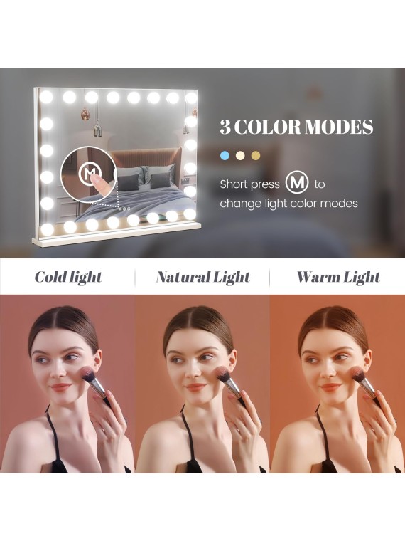 Vanity Mirror with Lights, 32"x 24" Large Hollywood Vanity Mirror with Detachable 10X Magnification & 24 Dimmable 3 Colors Modes LED Bulbs, Tabletop or Wall Mounted,White