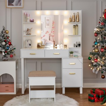 Makeup Vanity Desk Vanity Set with 10 LED Bulbs Lighted Mirror Makeup Vanity Table Set with Charging Station Nightstand 3 Colors Modes Dimming Cushioned Stool Large Mirror White UBDT53W