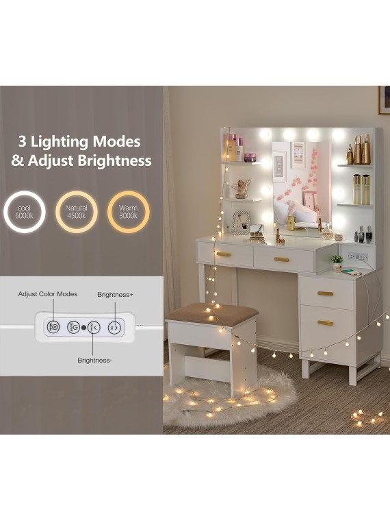 Makeup Vanity Desk Vanity Set with 10 LED Bulbs Lighted Mirror Makeup Vanity Table Set with Charging Station Nightstand 3 Colors Modes Dimming Cushioned Stool Large Mirror White UBDT53W