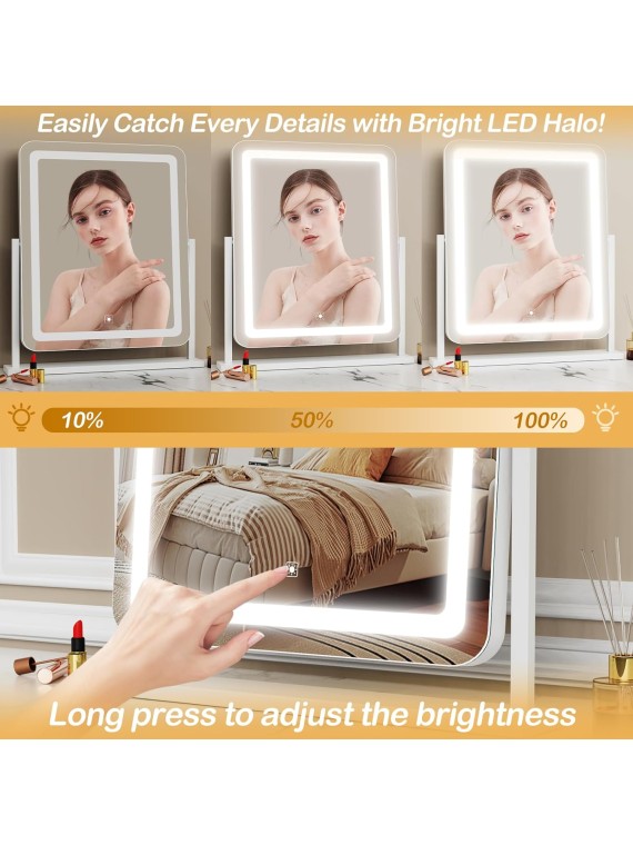 Makeup Vanity Mirror with Lights 15.2" Large LED Lighted Mirror, Hollywood Make Up Mirror with Lighting for Bedroom Tabletop, Smart Touch, Detachable 10X Magnification 360° Rotation, (White)