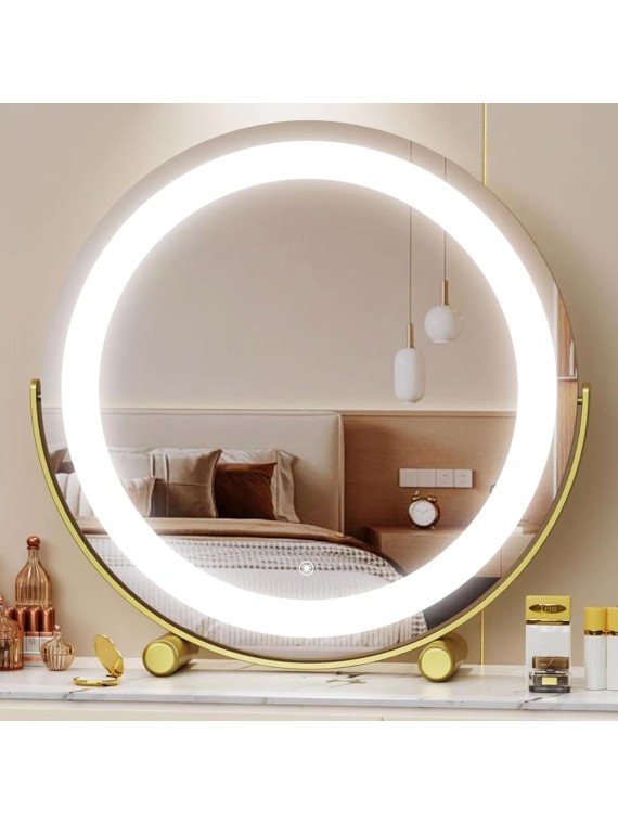 13" Vanity Mirror with Lights, LED Makeup Mirror, Large Round Mirror Lighted Makeup Mirror, Smart Touch Control 3 Colors Dimmable Mirror 360°Rotation Gold