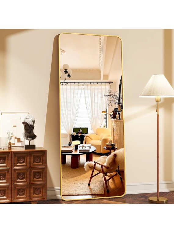 66"x23" Floor Full Length Mirror Standing Full Body Rounded Corner Rectangle Mirrors with Stand Hanging Wall Mounted Leaning Bedroom Living Room Bedroom Cloakroom,Gold