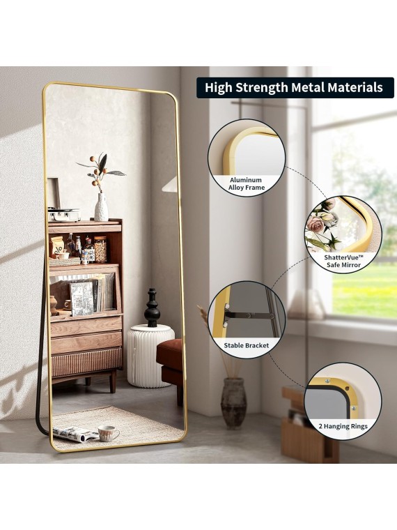 66"x23" Floor Full Length Mirror Standing Full Body Rounded Corner Rectangle Mirrors with Stand Hanging Wall Mounted Leaning Bedroom Living Room Bedroom Cloakroom,Gold