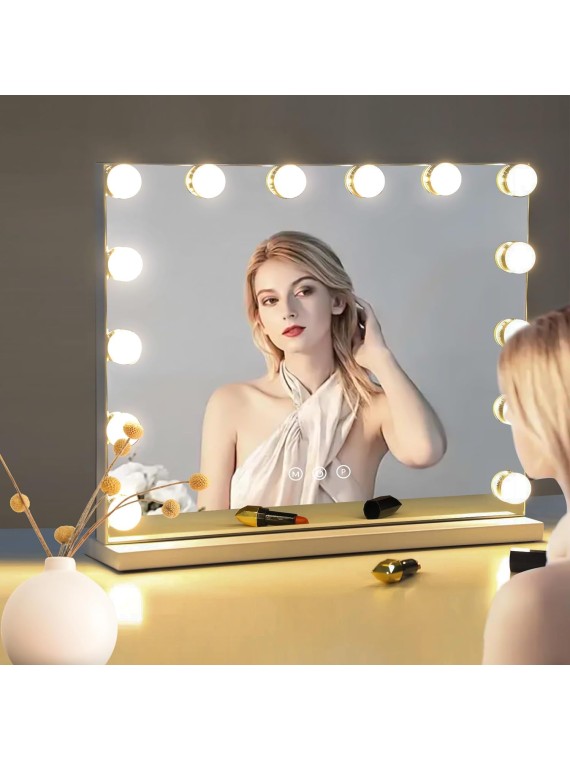 Vanity Mirror with Lights 22" x 18" Large Makeup Mirror Hollywood Mirror with 15 Dimmable LED Bulbs 3 Color Modes 10X Magnification & USB Charging Port Mirror for Wall-Mounted or Tabletop