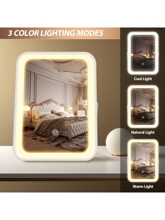 Vanity Mirror with Lights -8"x10" Upgrated Hollywood Lighted Makeup Mirror with 3 Color Light,Dimmable,Smart Touch Control,360°Rotation,Portable LED Cosmetic Mirror for Travel,Mom Gift for Mothers Day