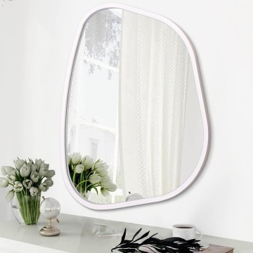 Irregular Wall Mirror Asymmetrical White Mirror Modern Wood Frame Unique Shape Wall Mounted Vanity Artistic Mirror Decor for Living Room Bedroom Bathroom Entryway Hallway Large 16"x12"