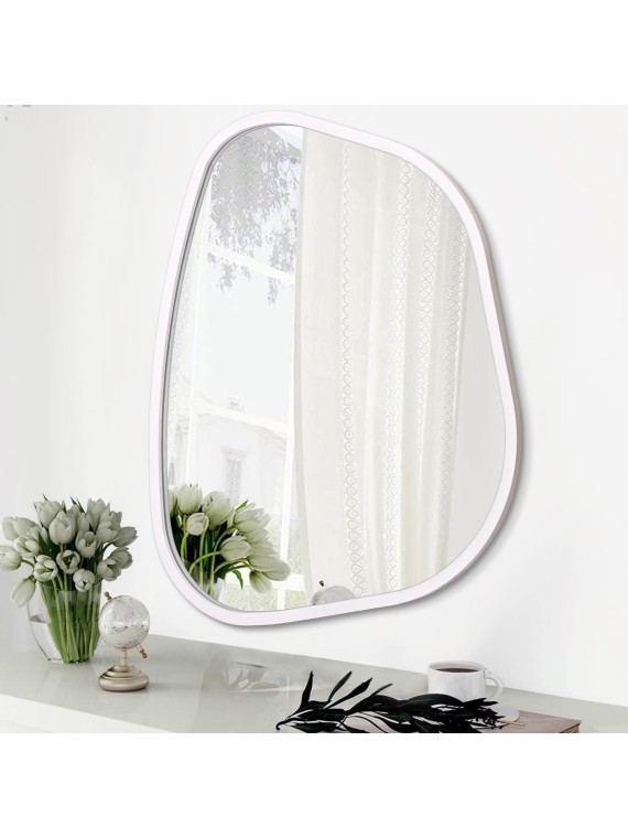 Irregular Wall Mirror Asymmetrical White Mirror Modern Wood Frame Unique Shape Wall Mounted Vanity Artistic Mirror Decor for Living Room Bedroom Bathroom Entryway Hallway Large 16"x12"