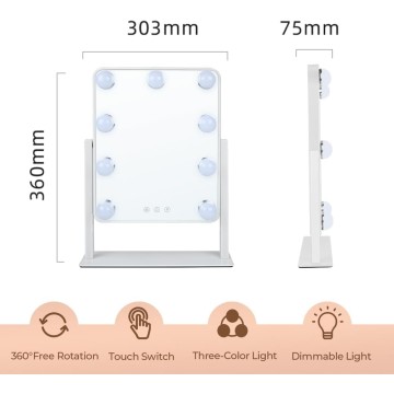 Hollywood Vanity Mirror with Lights,Tabletop Makeup Mirror with 9 LED Lights Smart Touch Control 3 Colors Light 360°Rotation Detachable 10X Magnification