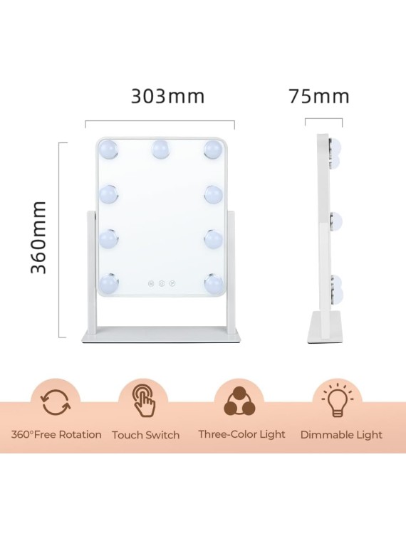 Hollywood Vanity Mirror with Lights,Tabletop Makeup Mirror with 9 LED Lights Smart Touch Control 3 Colors Light 360°Rotation Detachable 10X Magnification