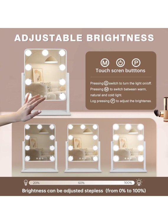 Hollywood Vanity Mirror with Lights,Tabletop Makeup Mirror with 9 LED Lights Smart Touch Control 3 Colors Light 360°Rotation Detachable 10X Magnification