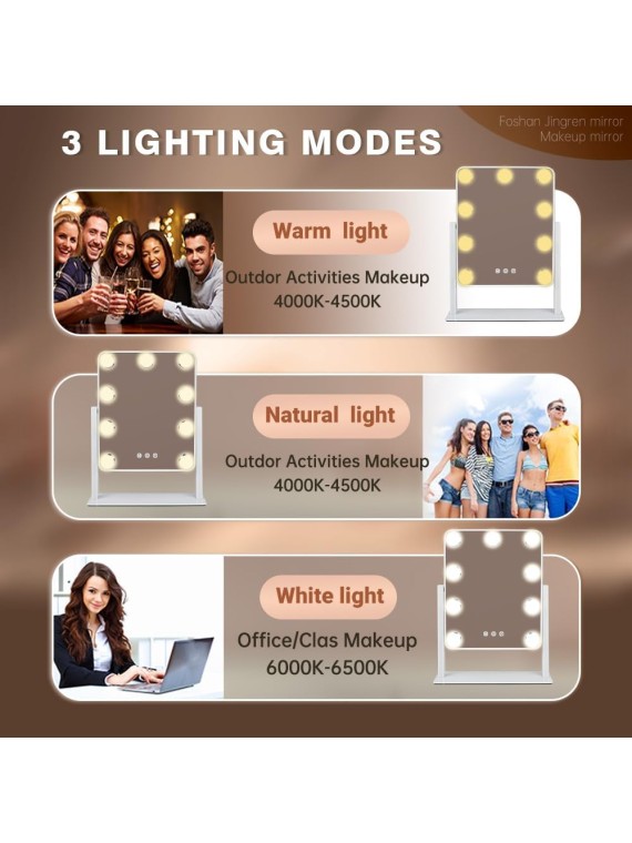 Hollywood Vanity Mirror with Lights,Tabletop Makeup Mirror with 9 LED Lights Smart Touch Control 3 Colors Light 360°Rotation Detachable 10X Magnification