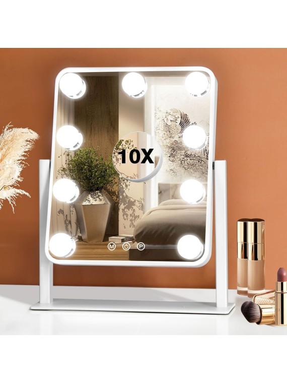 Hollywood Vanity Mirror with Lights,Tabletop Makeup Mirror with 9 LED Lights Smart Touch Control 3 Colors Light 360°Rotation Detachable 10X Magnification