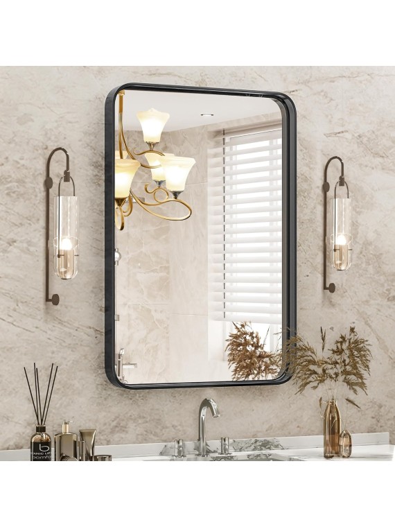 Black Metal Framed Vanity Rounded Rectangle Bathroom Mirrors for Over Sink Wall, 30x22 Inch Matte Large Mirror, Modern Decorative for Restroom, Farmhouse, Horizontally or Vertically Hanging