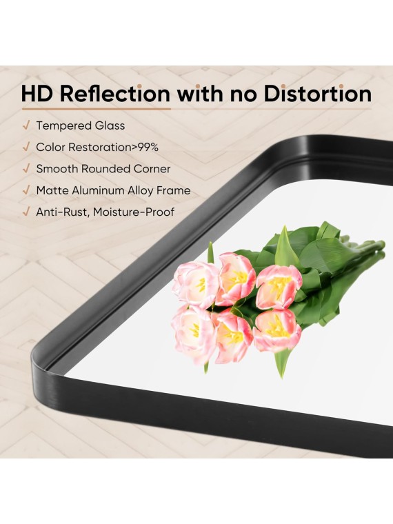 Black Metal Framed Vanity Rounded Rectangle Bathroom Mirrors for Over Sink Wall, 30x22 Inch Matte Large Mirror, Modern Decorative for Restroom, Farmhouse, Horizontally or Vertically Hanging