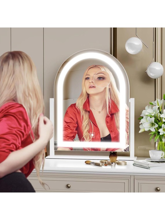 Lighted Makeup Mirror, Hollywood Vanity Mirror with Lights, Three Color Lighting Modes, and Detachable 10X Magnification Mirror, Smart Touch Control, 360°Rotation (15.2in. Curved)