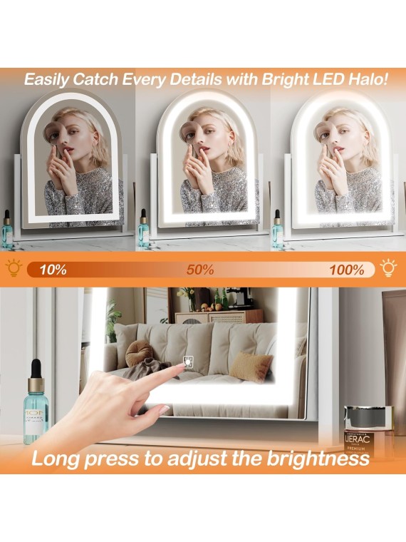 Lighted Makeup Mirror, Hollywood Vanity Mirror with Lights, Three Color Lighting Modes, and Detachable 10X Magnification Mirror, Smart Touch Control, 360°Rotation (15.2in. Curved)