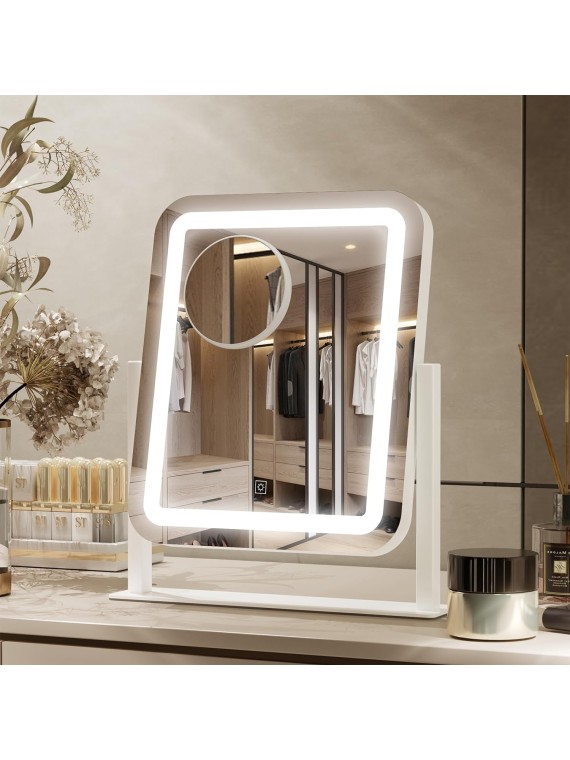 Vanity Mirror with Lights, 16x14 inch LED Lighted Makeup Mirror, Large Makeup Mirror with Lights, Touch Screen, 3-Color Lighting, 5X Magnification, for Vanity Desk Tabletop, Bedroom, White