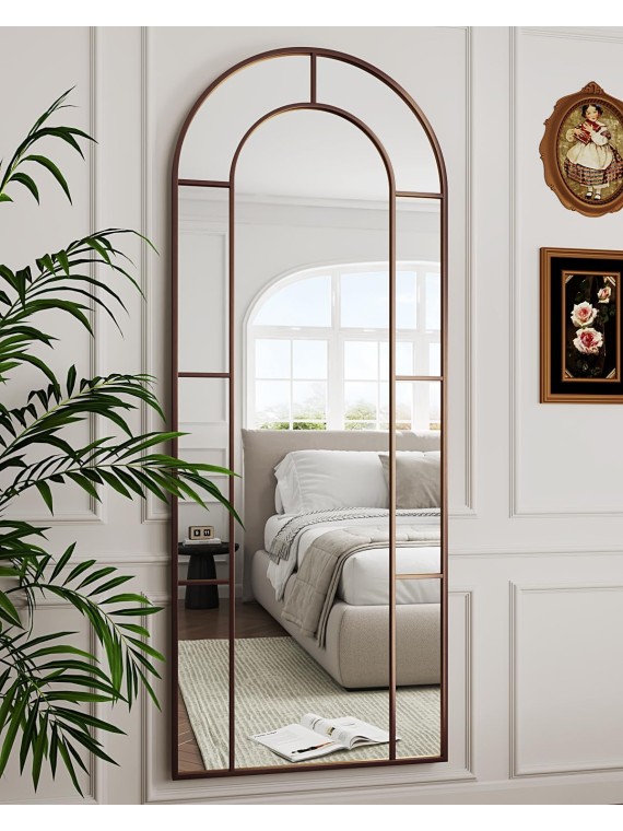 Full Length Mirror, Floor Mirror 65" x 22" Arched Window Decorative Mirror, Metal Framed Decor Farmhouse Floor Mirror Art Pane Mirror Wall Decor for Bedroom, Living Room, Entryway, Bronze