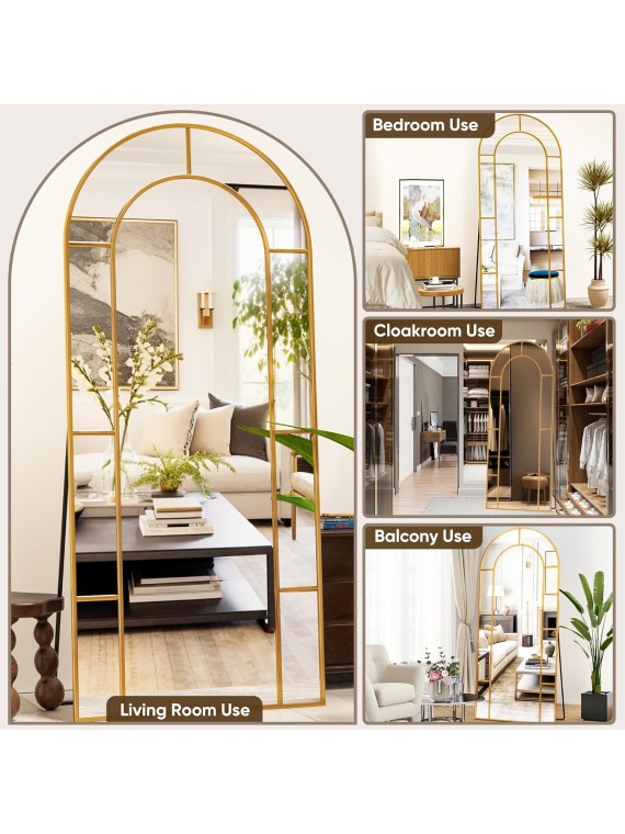 Full Length Mirror, Floor Mirror 65" x 22" Arched Window Decorative Mirror, Metal Framed Decor Farmhouse Floor Mirror Art Pane Mirror Wall Decor for Bedroom, Living Room, Entryway, Bronze