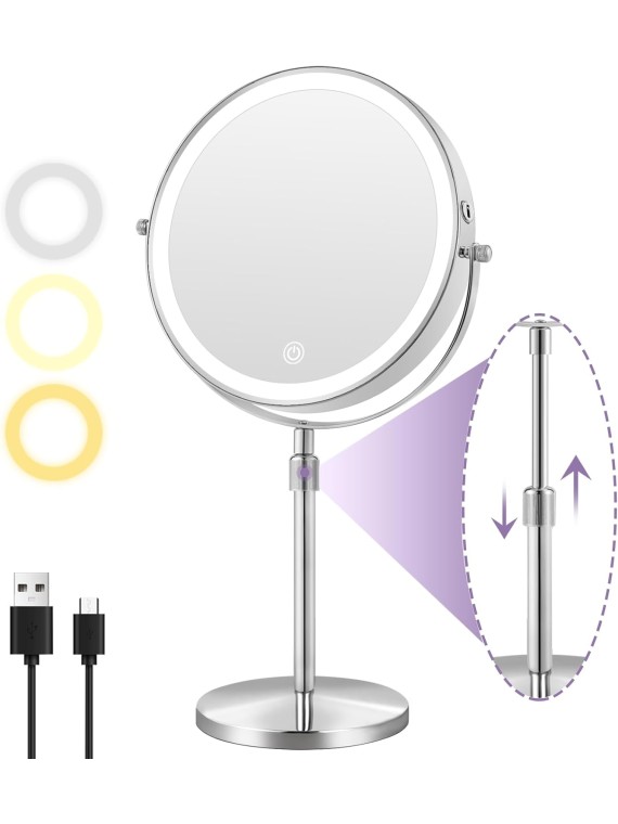 Large Lighted Makeup Mirror, 1x/10x Magnifying Mirror with Light, 3000mAh Rechargeable Makeup Mirror with 3 Color Lights, Height Adjustable 360° Swivel Vanity Mirror, Chrome