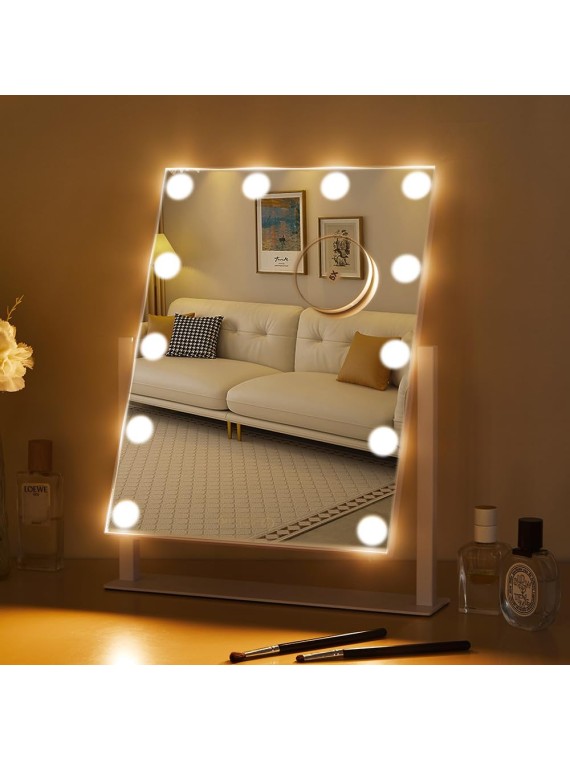 Vanity Mirror with Lights, Hollywood Lighted Makeup Mirror with 12 LED Lights, Three Color Lighting Modes, and 5X Magnification Mirror, Smart Touch Control, 360°Rotation (White)