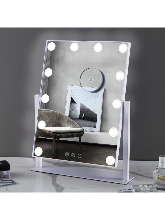 Vanity Mirror with Lights, Hollywood Lighted Makeup Mirror with 12 LED Lights, Three Color Lighting Modes, and 5X Magnification Mirror, Smart Touch Control, 360°Rotation (White)