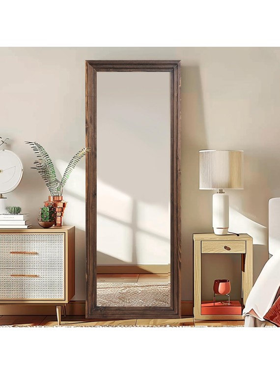 Full Length Mirror 65"x22" with Stand Solid Wood Frame Floor Large Mirror for Living Room, Bedroom Hanging Standing or Leaning Wall-Mounted, Brown