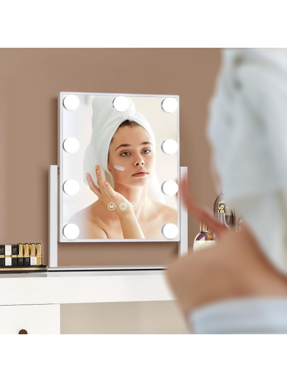 Hollywood Vanity Makeup Mirror with Lights - 9 LED Bulbs, Touch Control, 3 Colors Light, 360° Rotation, Light Up Vanity Mirror for Dressing Room & Bedroom