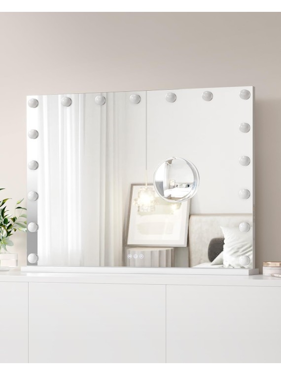 32" x 24" Vanity Mirror with Lights, Hollywood Lighted Vanity Mirror with 17 Led Bulbs, Makeup Mirror, 3 Colors Modes, 3x Detachable Magnification Mirror, Touch Control, USB Charging Port for Tabletop