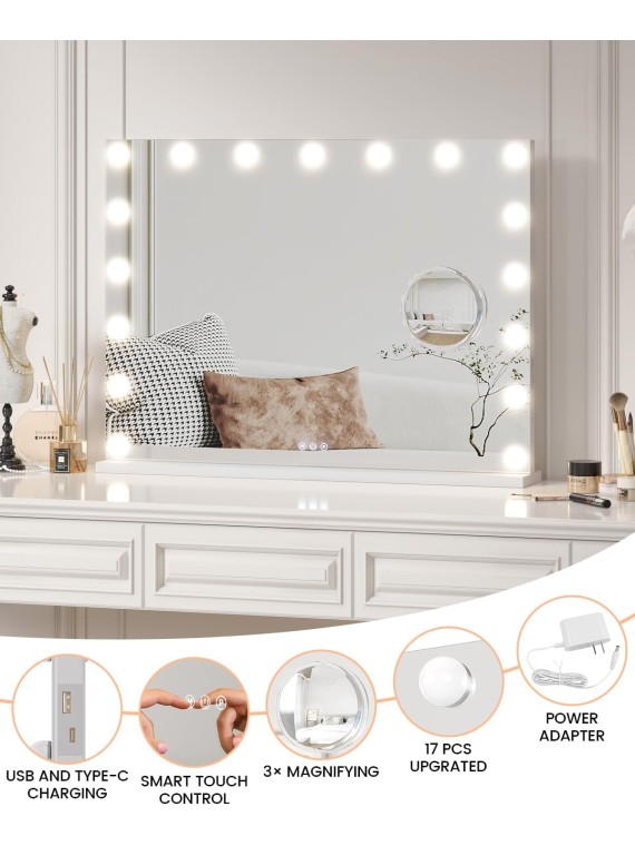 32" x 24" Vanity Mirror with Lights, Hollywood Lighted Vanity Mirror with 17 Led Bulbs, Makeup Mirror, 3 Colors Modes, 3x Detachable Magnification Mirror, Touch Control, USB Charging Port for Tabletop