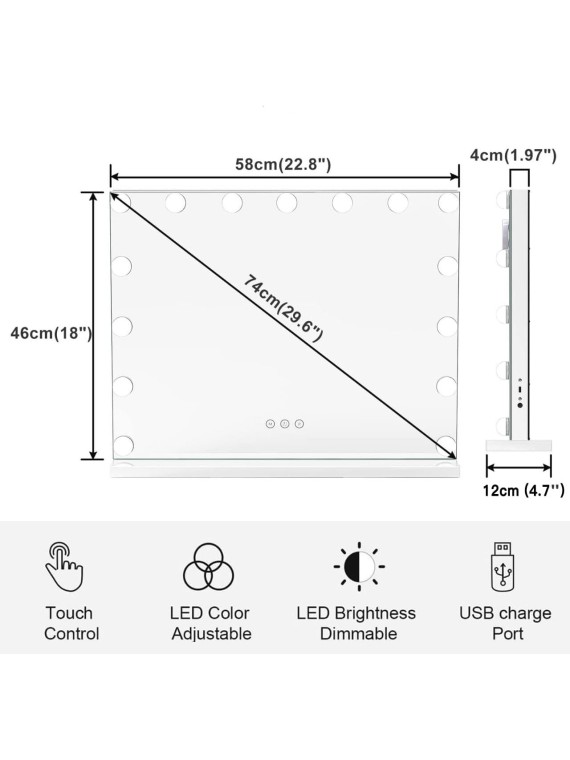 Vanity Mirror with Lights, Hollywood Lighted Mirror with 15 Dimmable LED Bulbs, Makeup Mirror with Lights, and 5X Magnification Mirror, 3 Colors Modes,Touch Control, Metal Frame,White